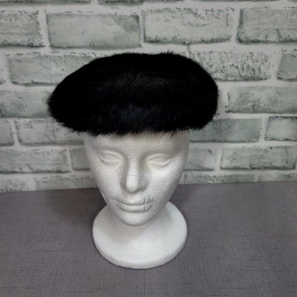 Vintage 50s 60s Black Mink Fur Hat Furry Halo Winter Fascinator Hat Sequin Side - Picture 3 of 8